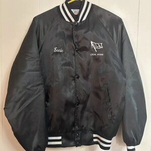ILA Longshoremen Labor Union USA Black Varsity Satin Jacket LOCAL #1588 Sz M #DT